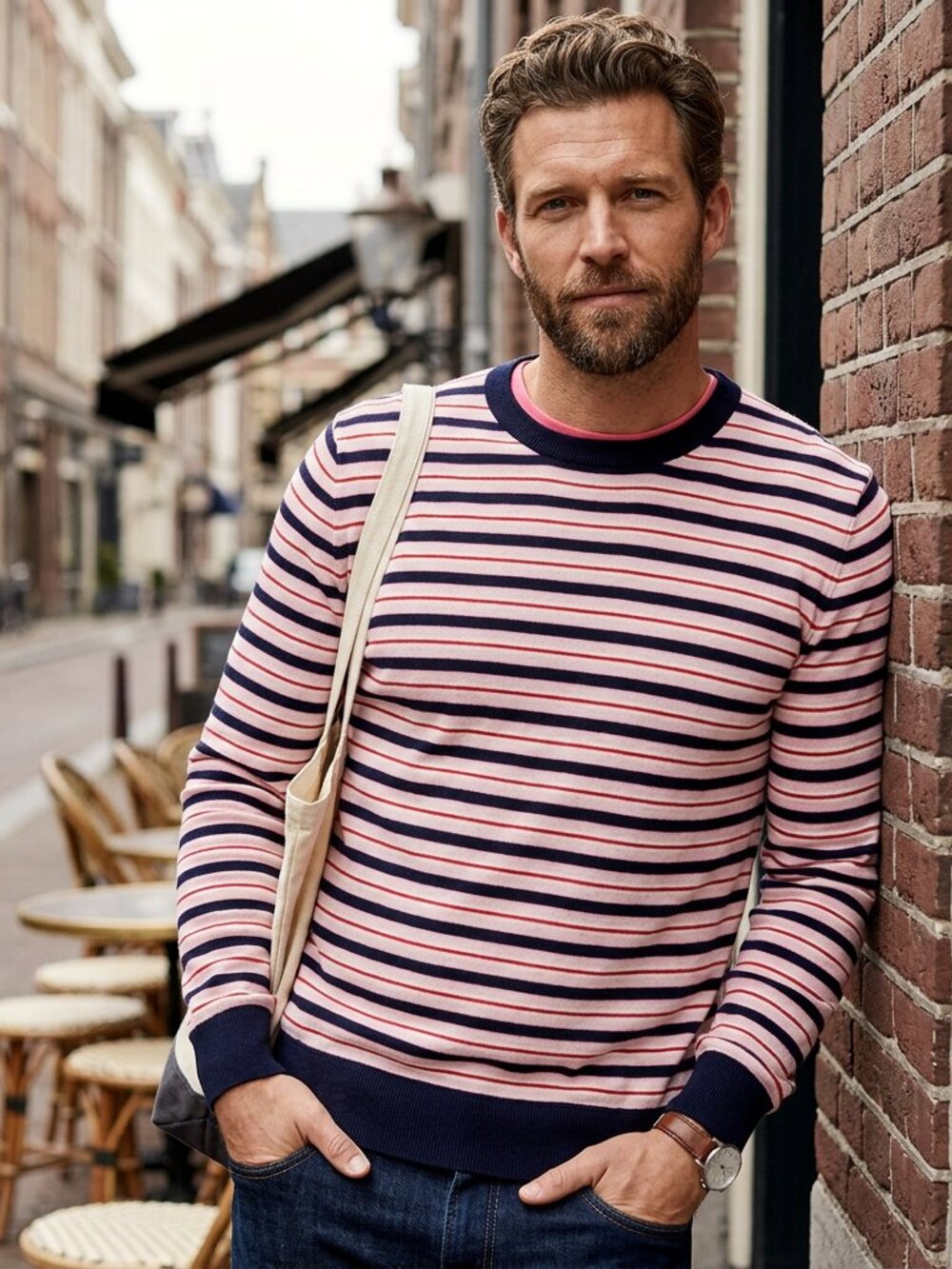 Scotch & Soda Red, White, Pink & Blue Striped Long Sleeve Crewneck Sweater -Sz S